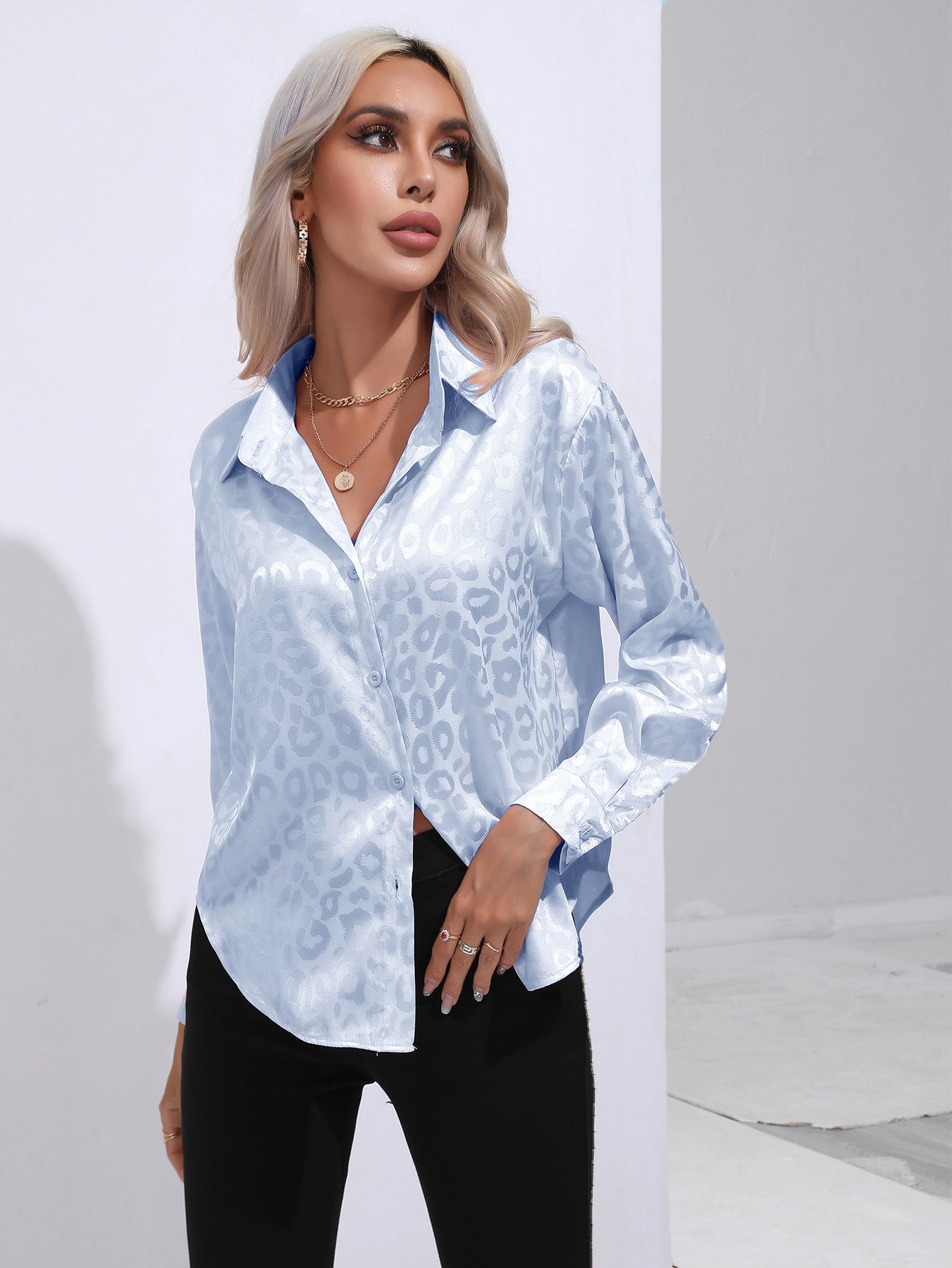 Women's Leopard Print Satin Shirt Long Sleeve Blouses