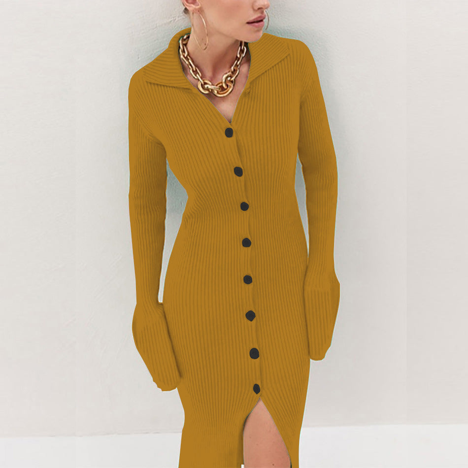 Long Sleeve Lapel Button Bell Bedford Dresses