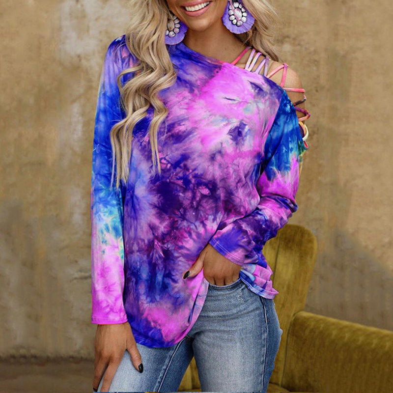 Women's Tie-dye Printed Long Sleeve Strapless Sexy Tops