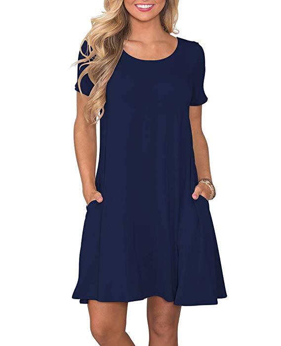 Women's Round Neck Solid Color Pocket Sleeve Dresses