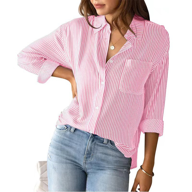 Women's Striped Loose Casual Long Sleeves Shirt Blouses