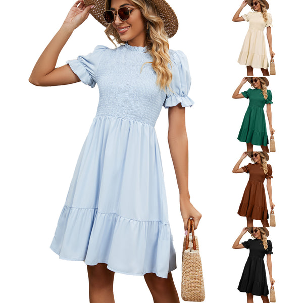 Women's Round Neck Pleated Smocking Solid Color Dresses