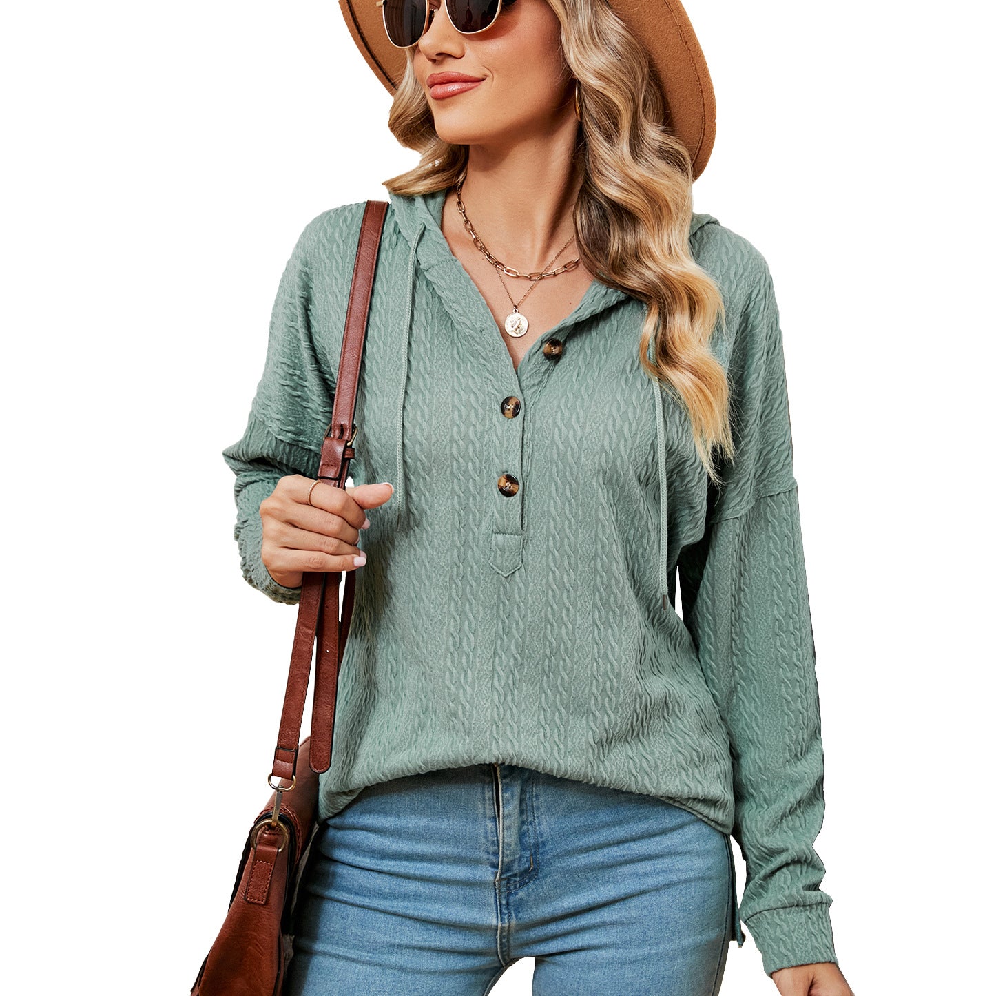 Women's Solid Color Buttons Long Sleeve Hooded Sweaters