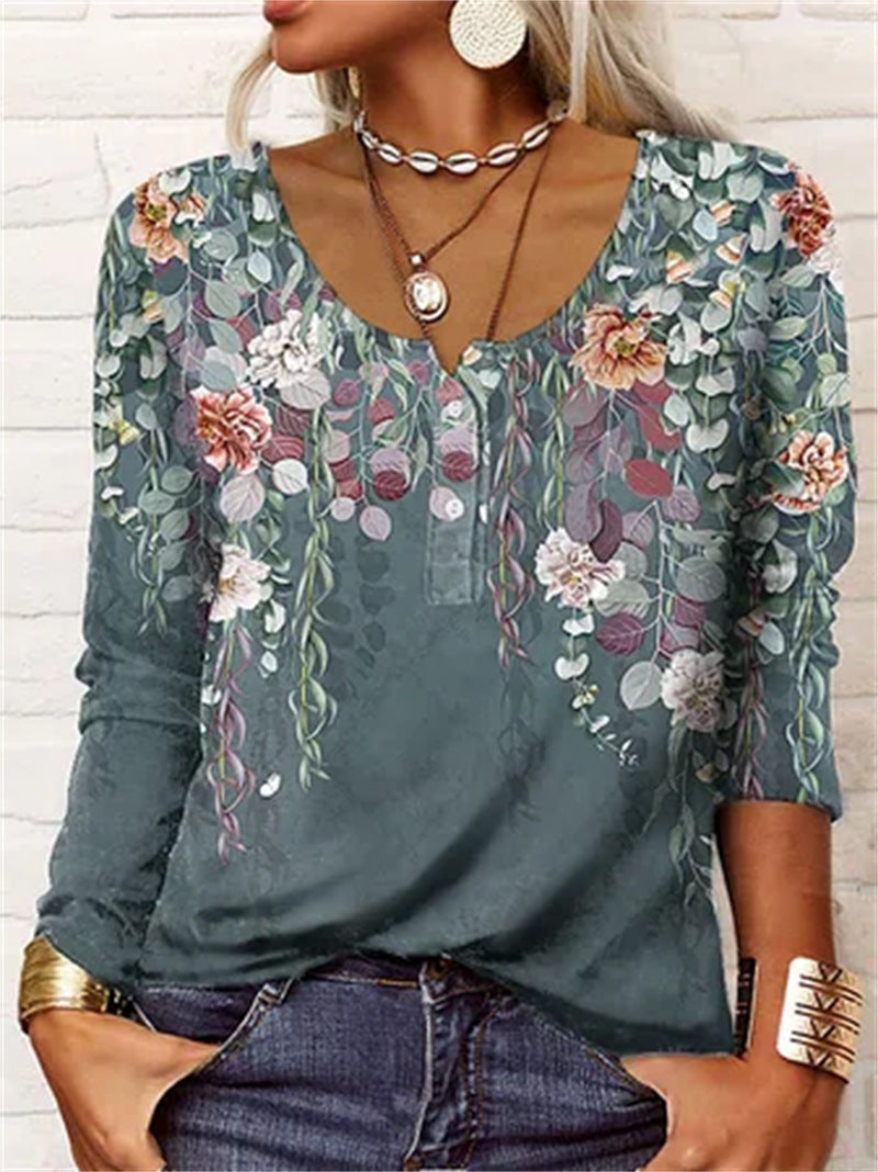 Women's Casual Loose Long-sleeved Geometric Floral Button Blouses