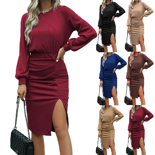 Women's Waist Lantern Long Sleeve Knitted Dress Dresses