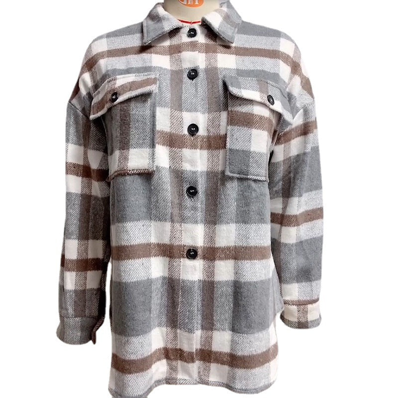 Women's Plaid Button Flannel Woolen Shirt Blouses