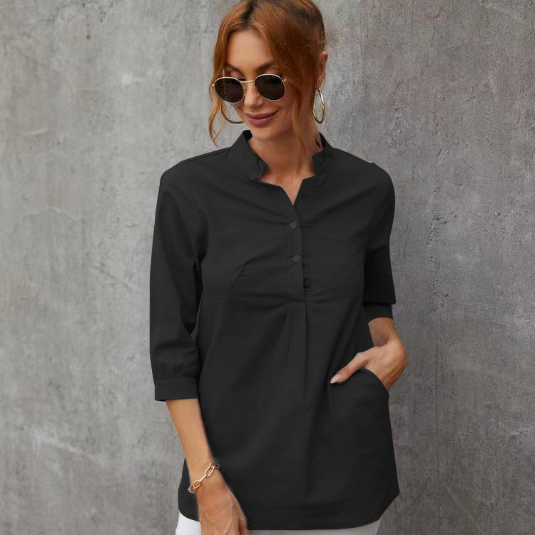 Women's Three-quarter Length Sleeve Stand Collar Cotton And Linen Leisure Blouses