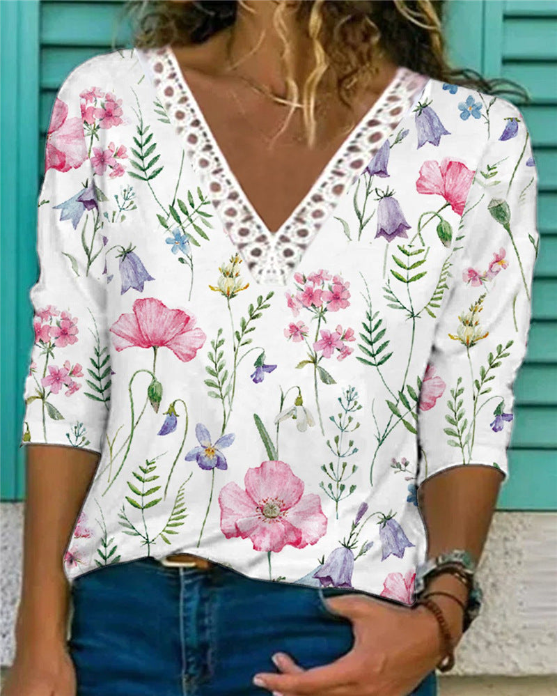 Women's Stylish Autumn V-neck Floral Loose Blouses