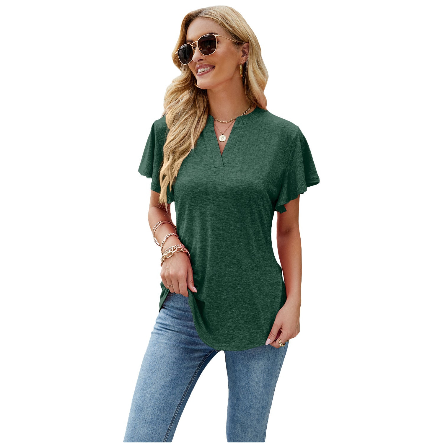 Women's Summer V-neck Ruffled Sleeve Dovetail Short-sleeved Blouses