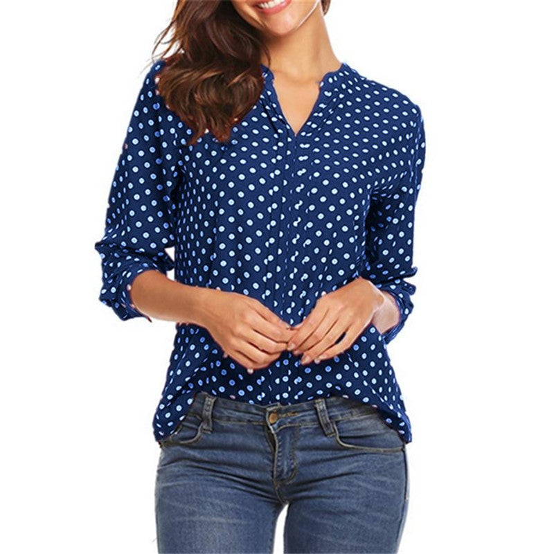 Women's Large Shirt Dotted Prints Long Sleeve Rolled Blouses