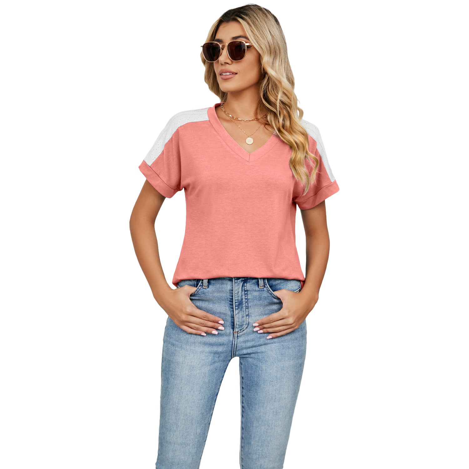 Women's Raglan Color Matching Sleeve V-neck Slit Blouses