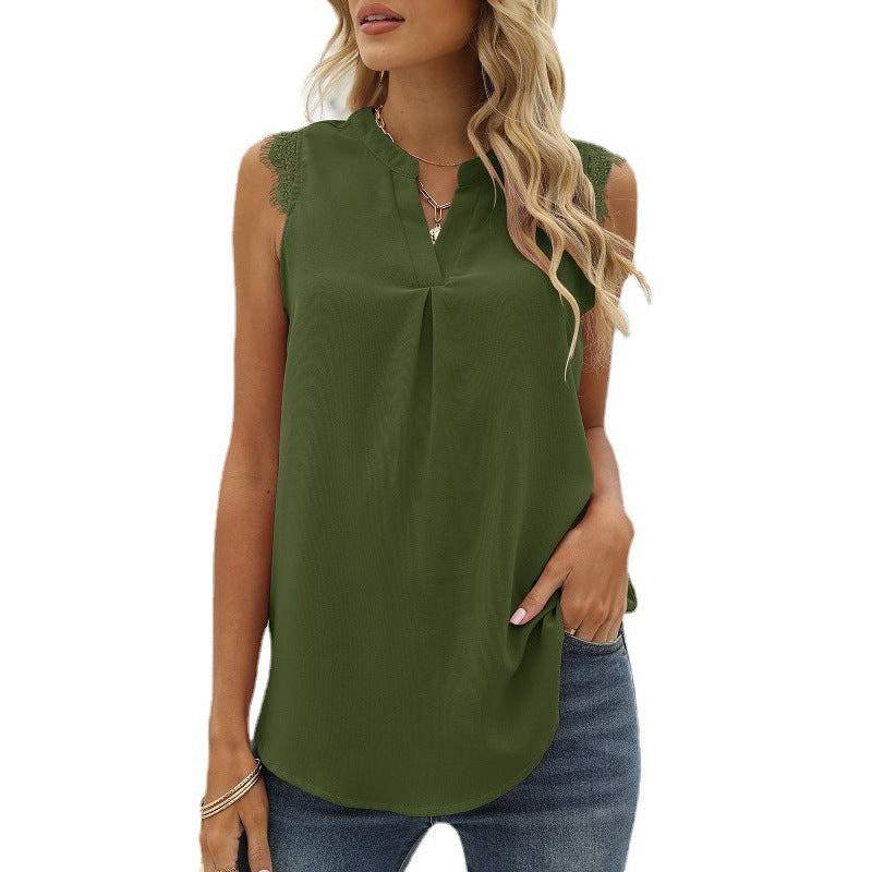 Women's Solid Color Shirt Loose V-neck Sleeveless Blouses