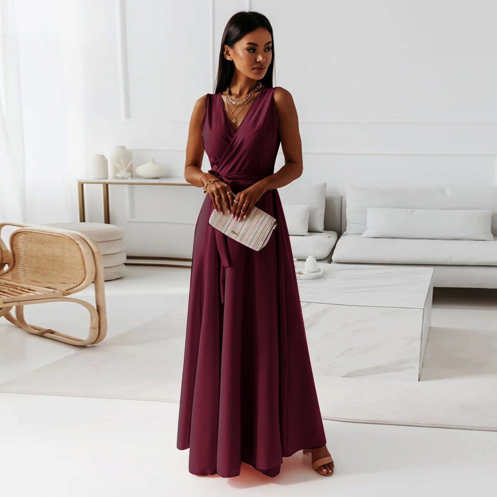 Women's Attractive Tied V-neck Party Long Dresses