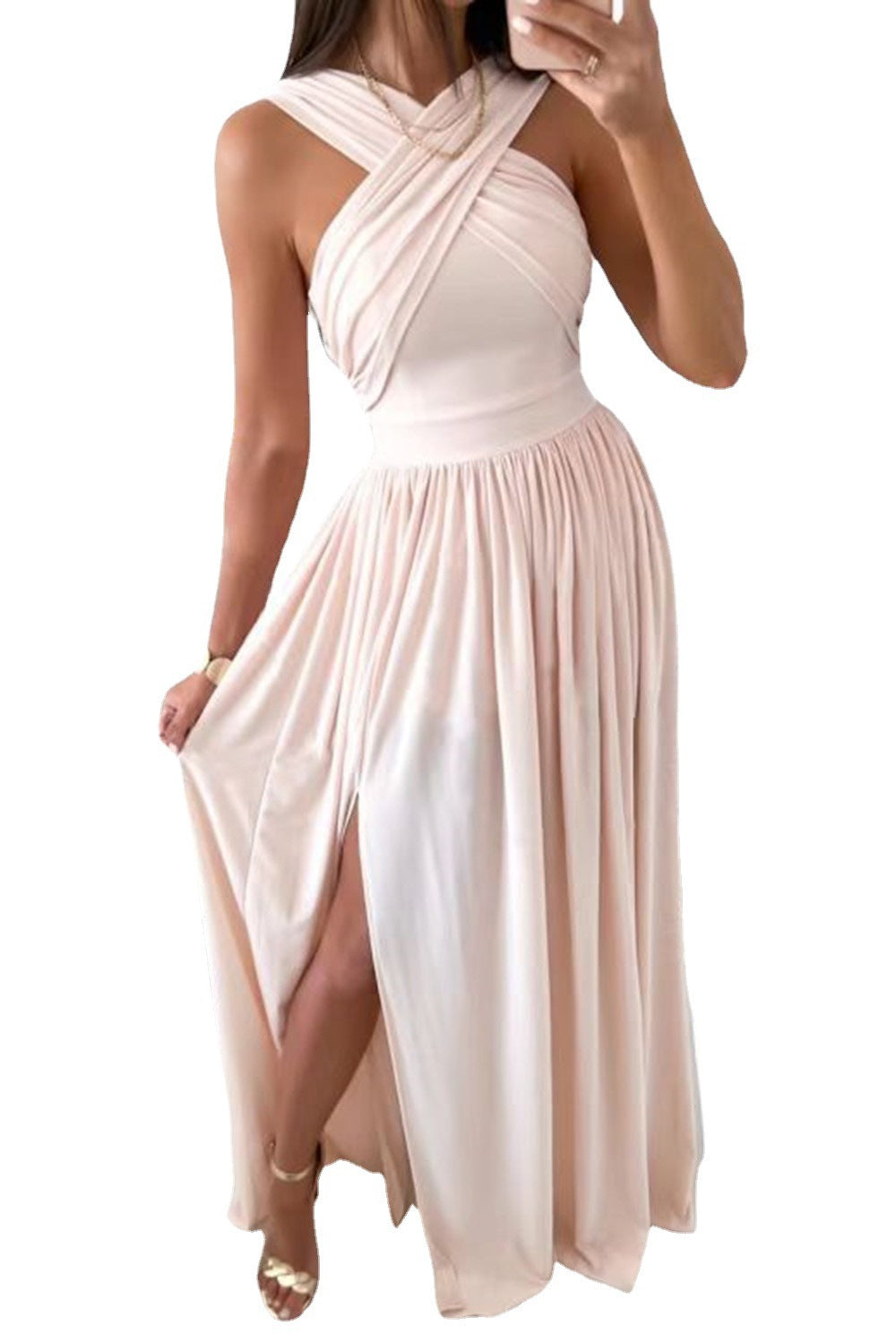 Women's Sleeveless Halter Backless Slit Hemline At Dresses