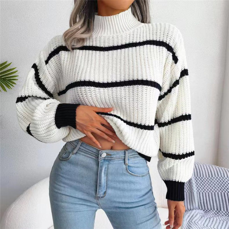 Women's Striped Lantern Sleeve Half Turtleneck Knitted Sweaters