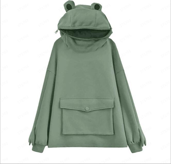 Women's Vacuum Brushed Hoody Mid-length Design Super Cute Frog Sweaters