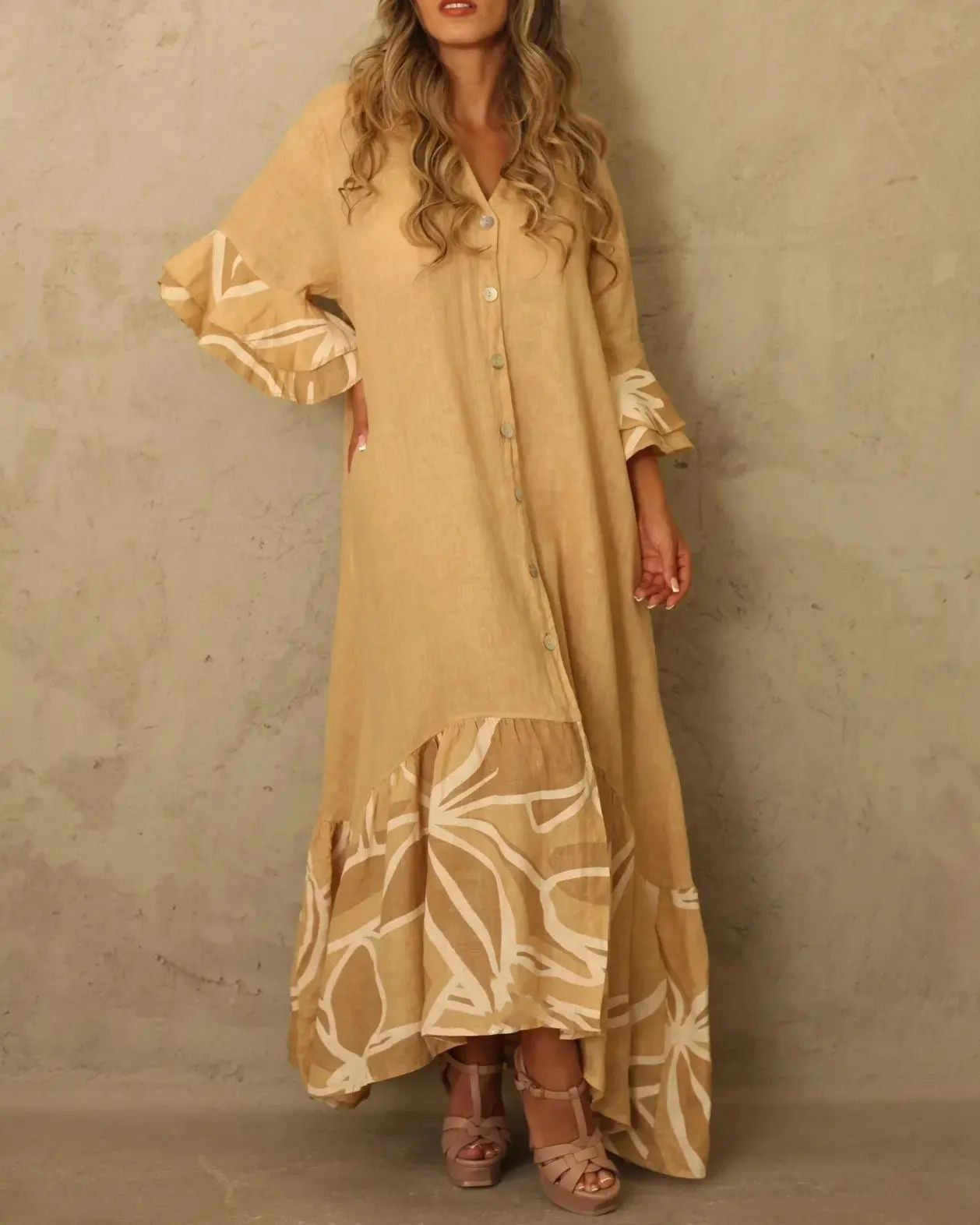 Stitching 7-point Sleeve Ruffled Long Shirt Dresses