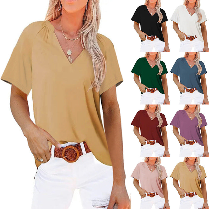 Women's Summer V-neck Solid Color Sleeve Blouses