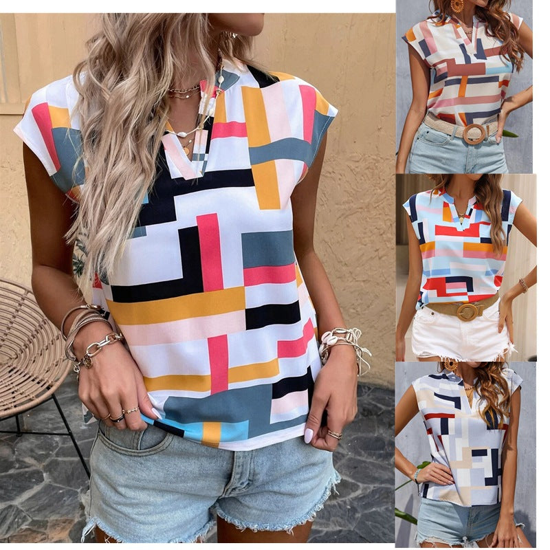 Women's Summer Print Cropped Neckline Batwing Sleeve Blouses