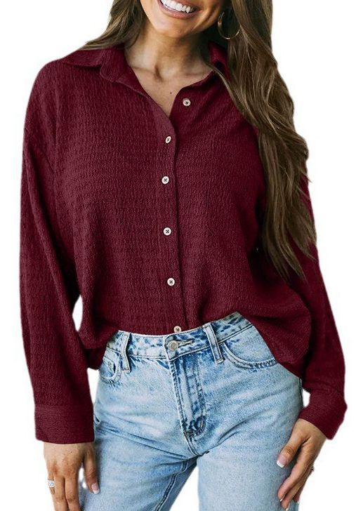 Women's Loose Pockets Lapel Button Texture Shirt Blouses