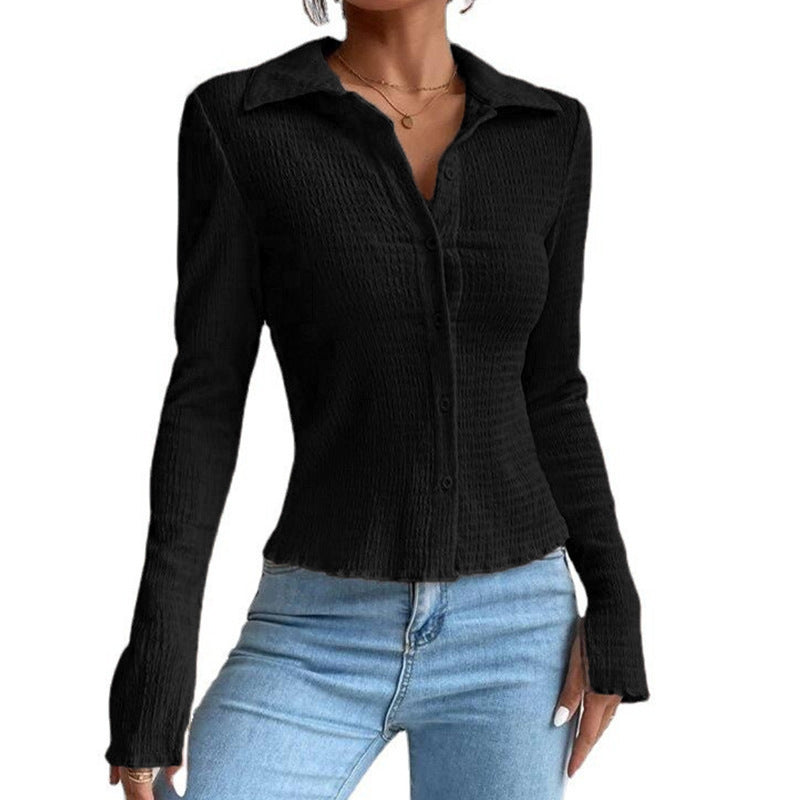 Women's Solid Color Stitching Sleeve Button Lapel Blouses