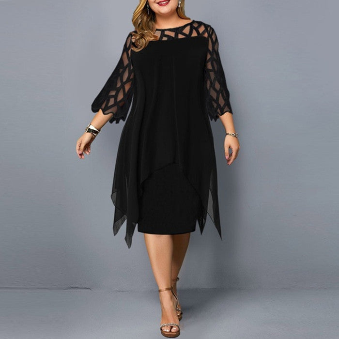 Lace Stitching 3/4 Sleeve Irregular Hem Chiffon Dresses