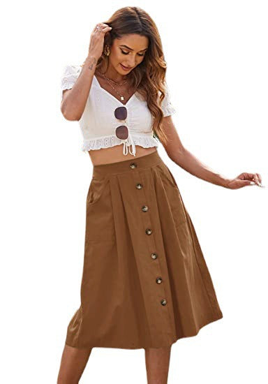 Women's Button A- Line High Waist Midi Skirts