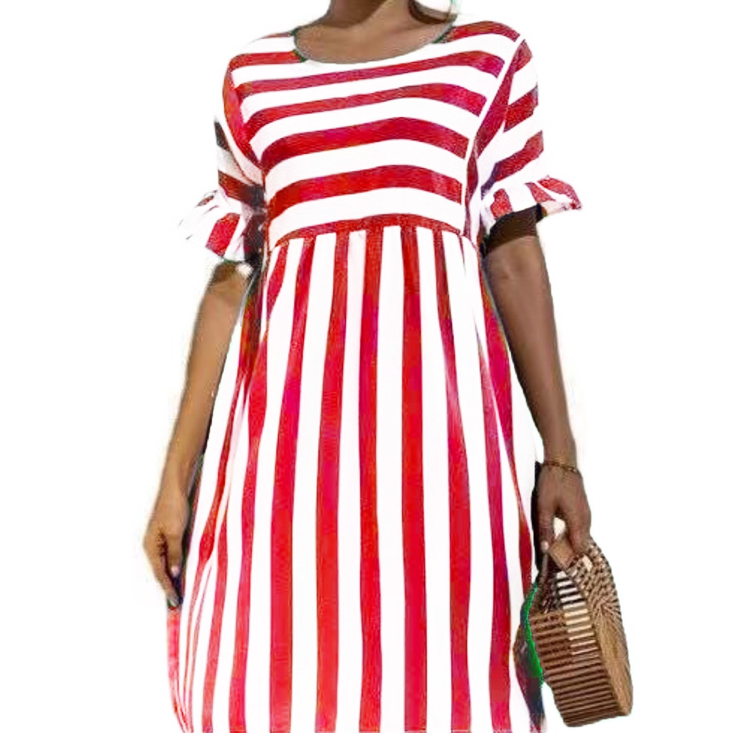 Women's Ruffled Sleeves Striped Patchwork Pocket Casual Dresses