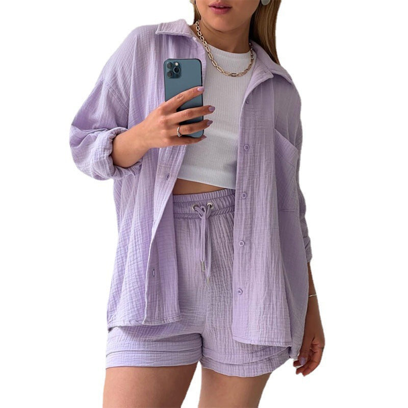 Women's Lapel Long Sleeve Shirt High Waist Shorts