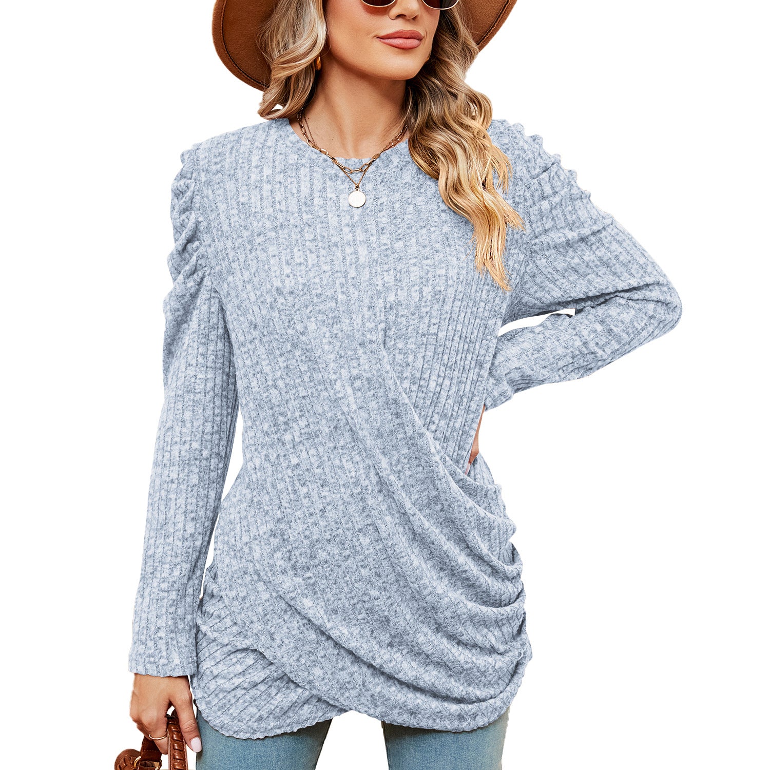 Women's Color Round Neck Twist Long Sleeve Blouses