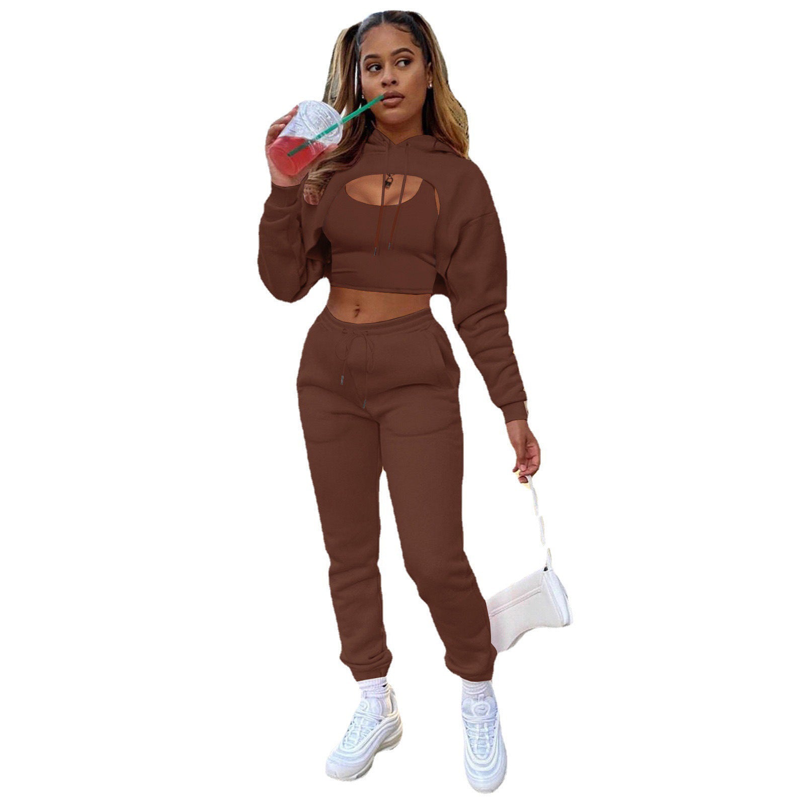 Women's Drawstring Solid Color Hooded Long Sleeve Sweaters