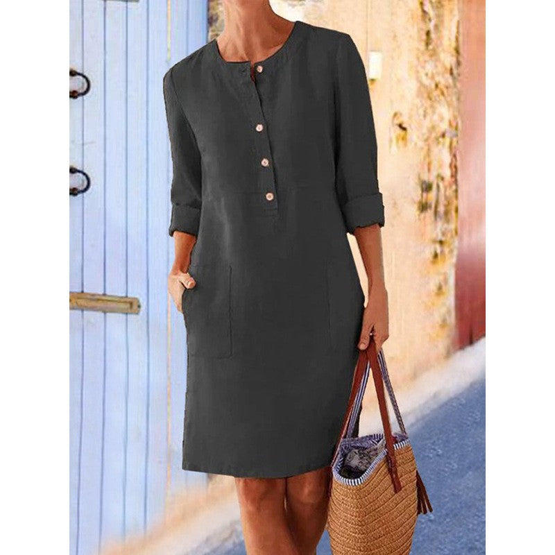 Women's Charming Spring Linen Round-neck Long-sleeved Dresses