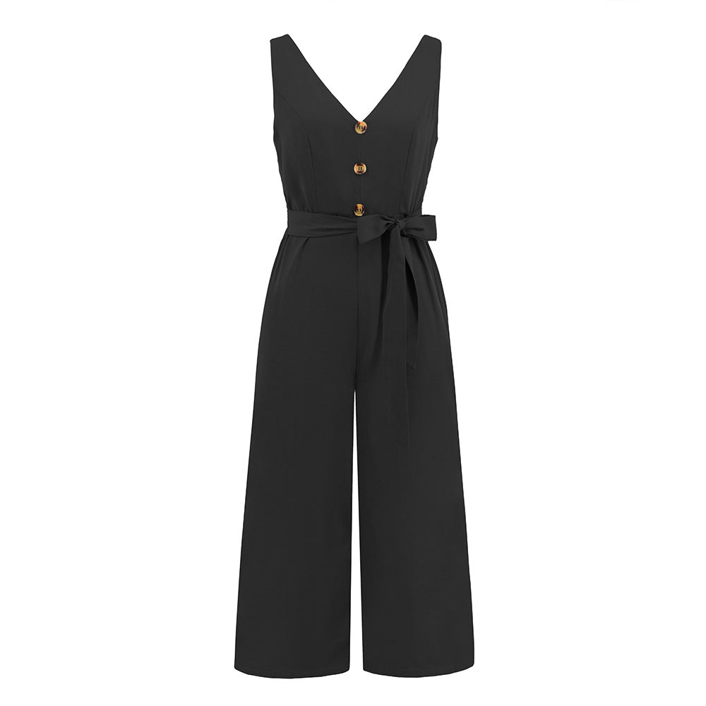 Women's Sleeveless V-neck Slim Fit Tied Straight Jumpsuits