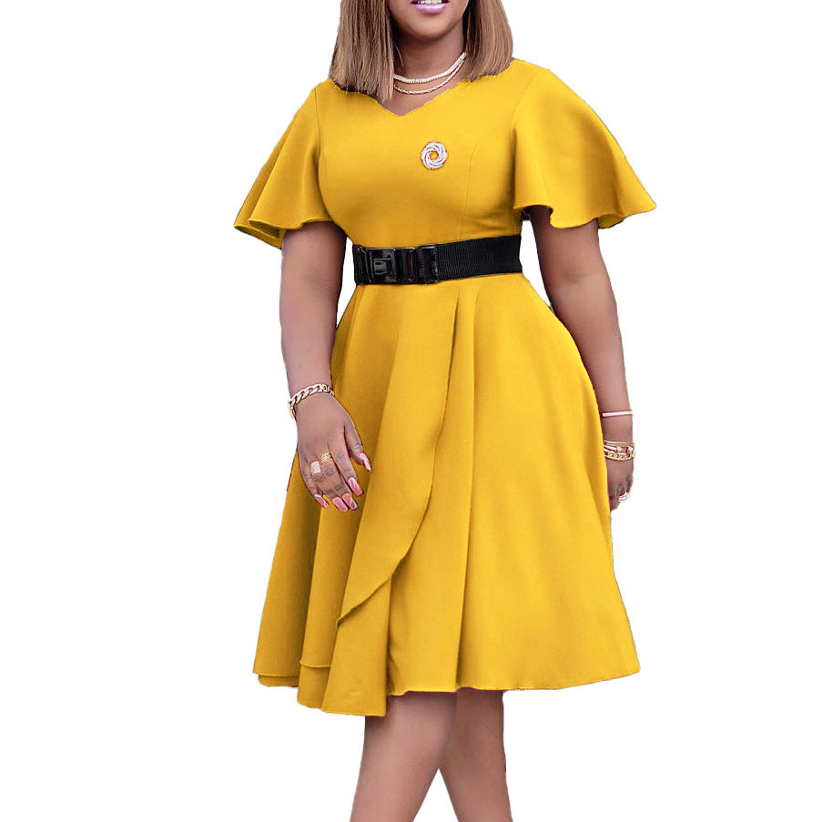 Women's Belt Summer Flared Sleeves Solid Color Dresses