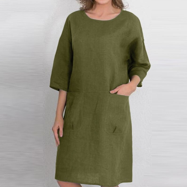 Women's Color Round Neck Pullover Pocket Half Sleeve Knee-length Dresses