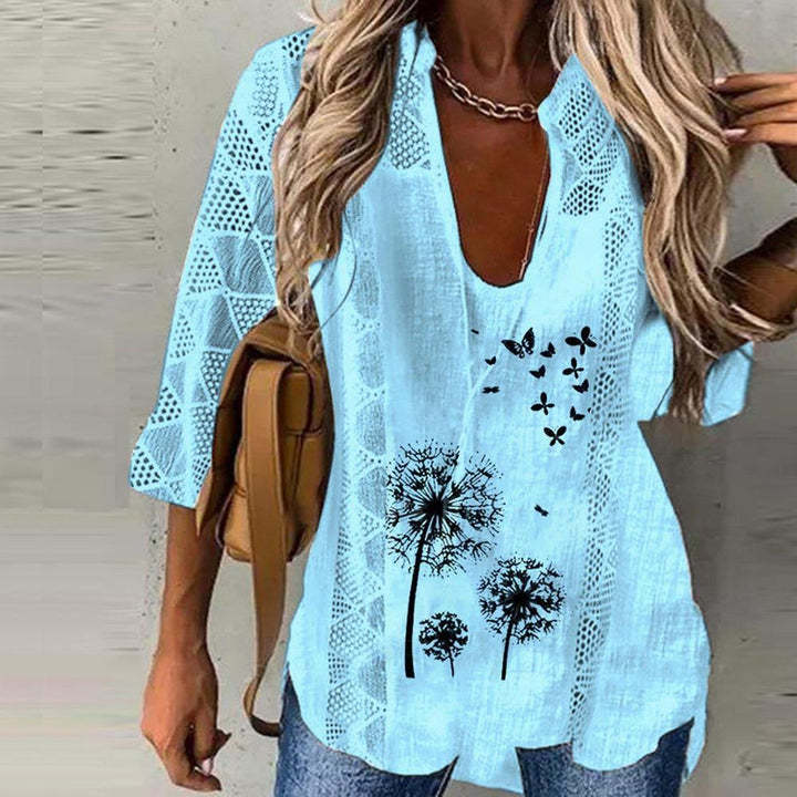 Loose Lace Print Stitching U-neck 3/4 Blouses