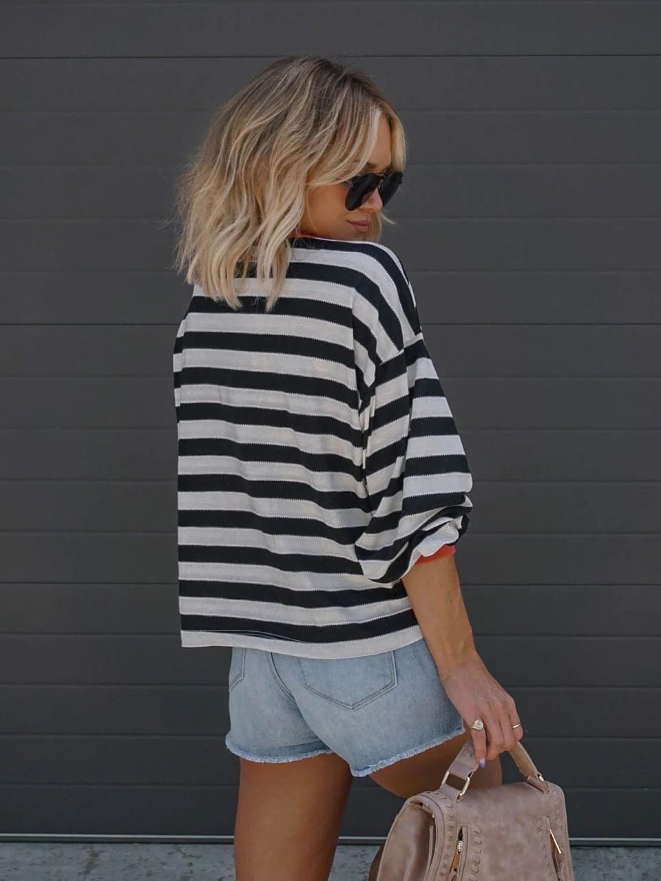 Long-sleeved Striped T-shirt Round Neck Loose Blouses