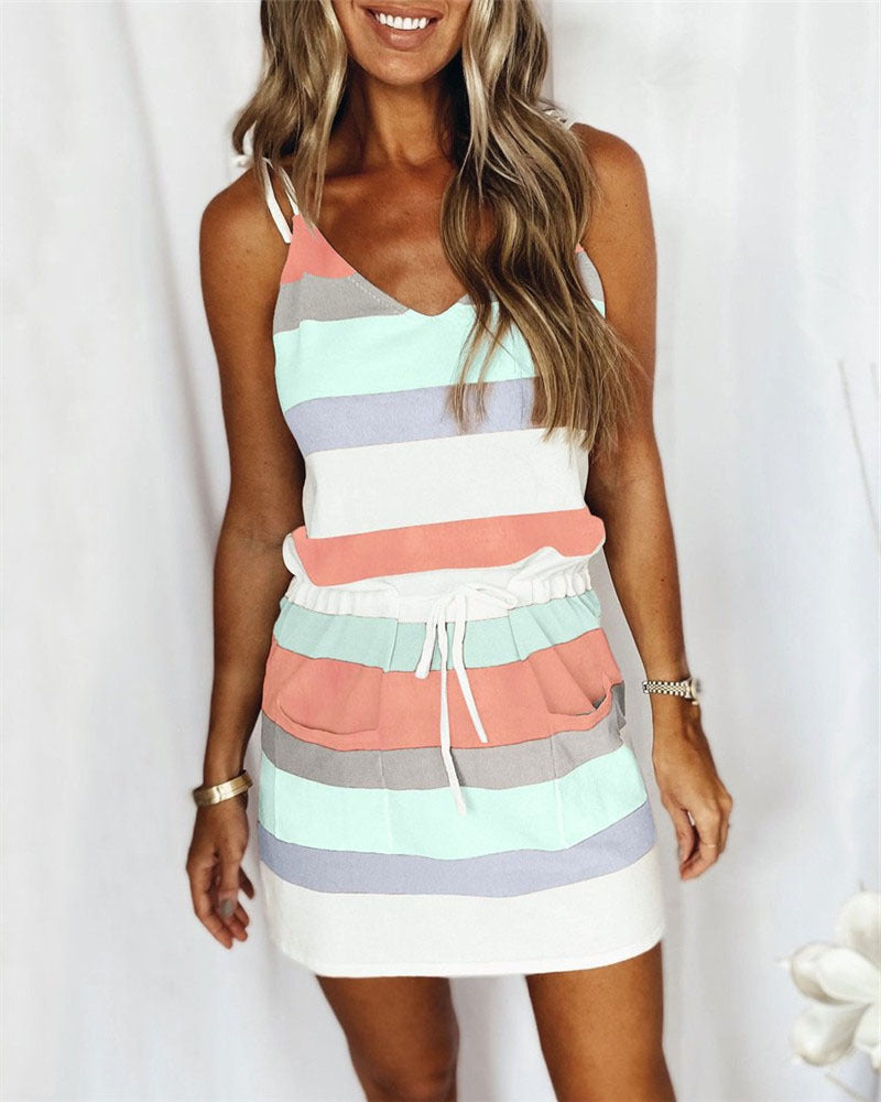 Women's Summer Loose Printed Striped Camisole Long Dresses