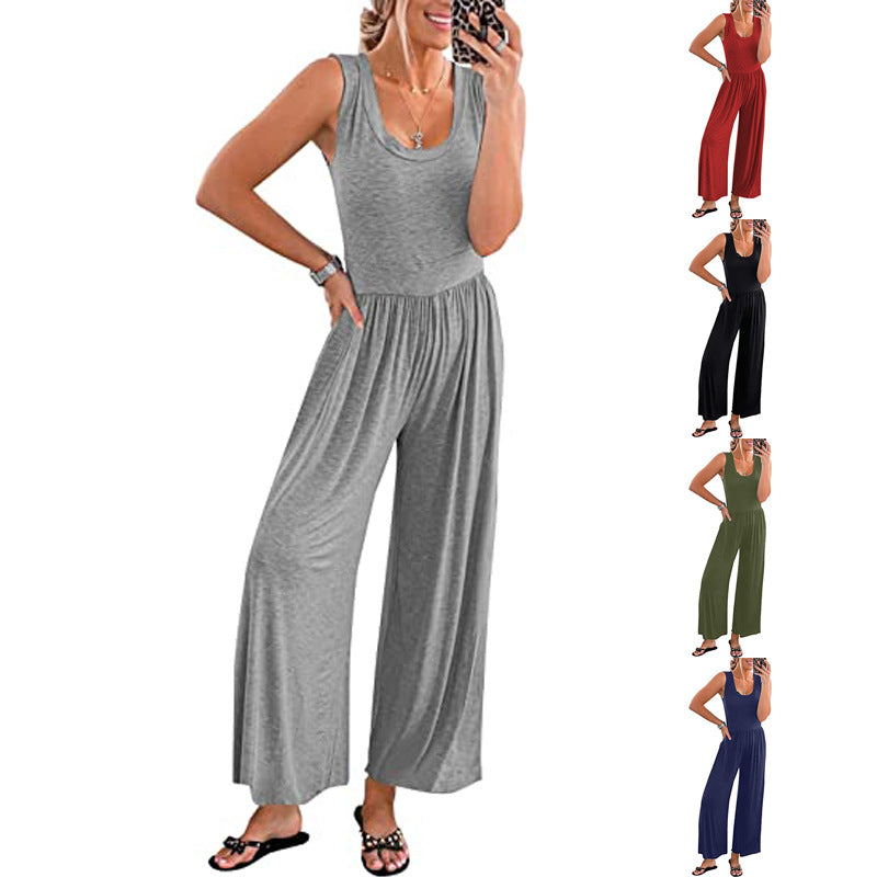 Women's Loose Sleeveless Stretch Trousers With Pockets Jumpsuits