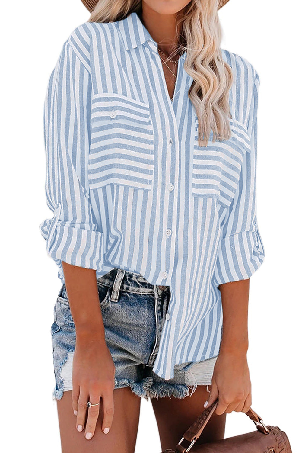 Women's Polyester Striped Single-breasted Long Sleeve Blouses