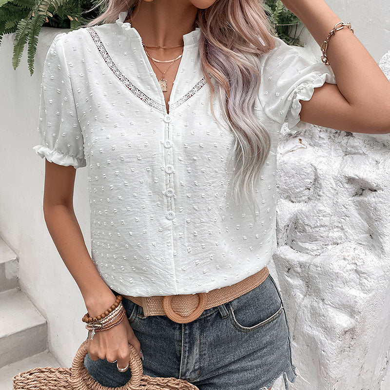 Women's Summer Patchwork Design Flounced Sleeve Blouses