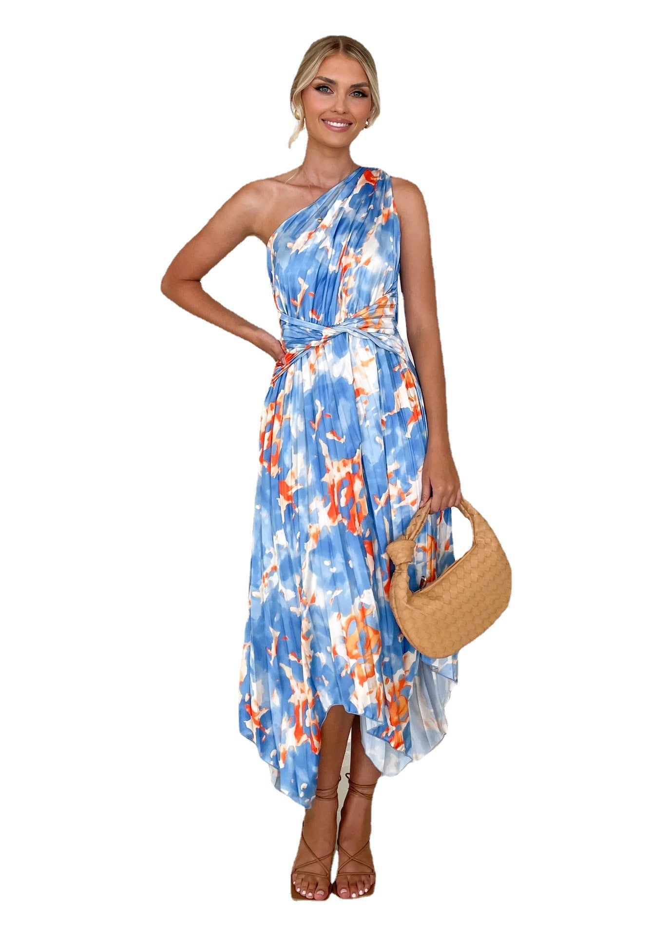 Sexy Temperament Printed Pleated Shoulder Swing Dresses