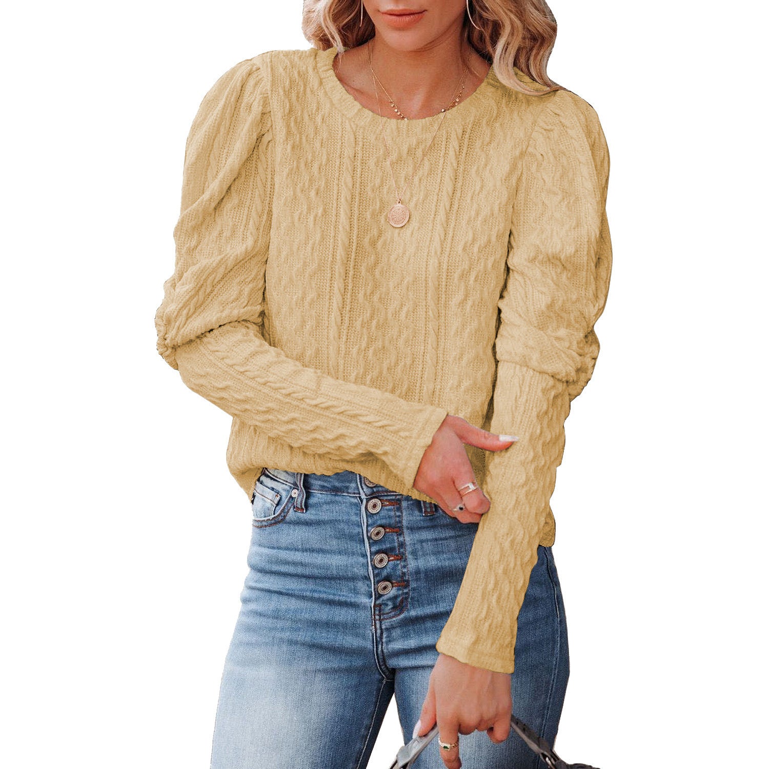 Women's Solid Color Jacquard Round Neck Gigot Sweaters