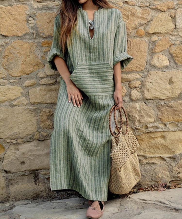 Cotton Linen Striped Loose Long Dress Dresses