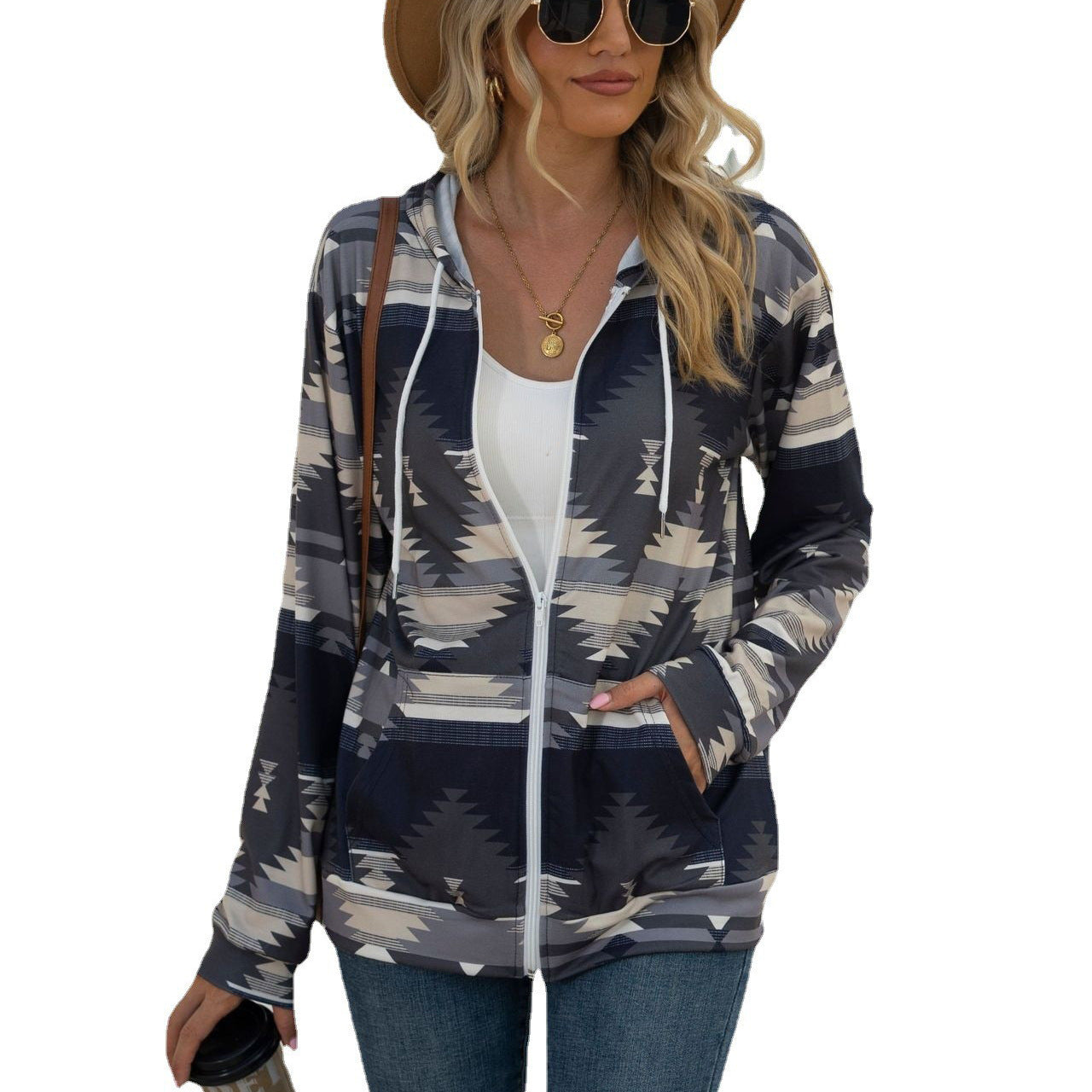 Geometric Pattern Long Sleeve Loose Hooded Pocket Sweaters