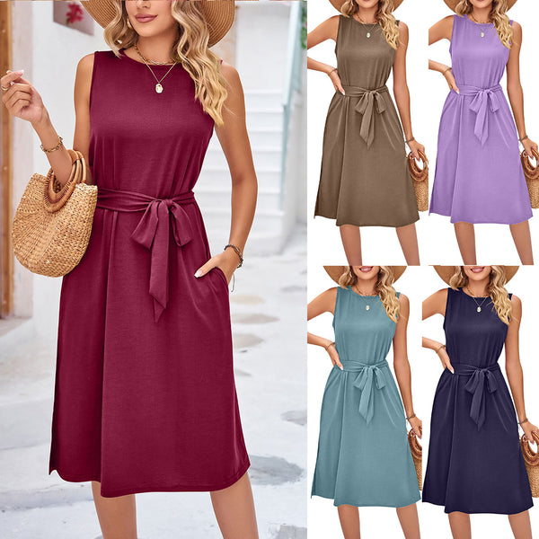 Women's Fashion Summer Sleeveless Belt Midi Dresses