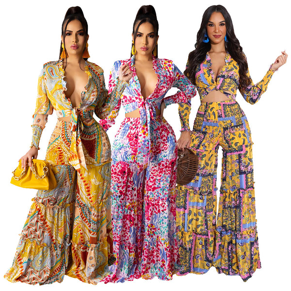 Women's Chiffon Printed Long-sleeved Wide-leg Irregular Casual Suits