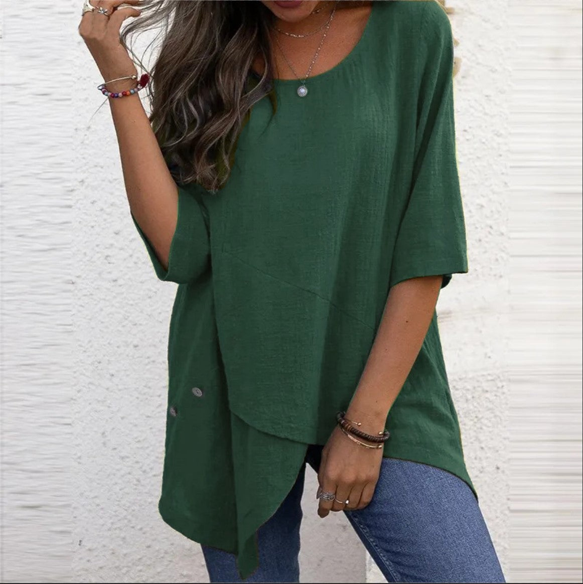 Women's Cotton Linen Irregular Shirt Half Sleeve Blouses