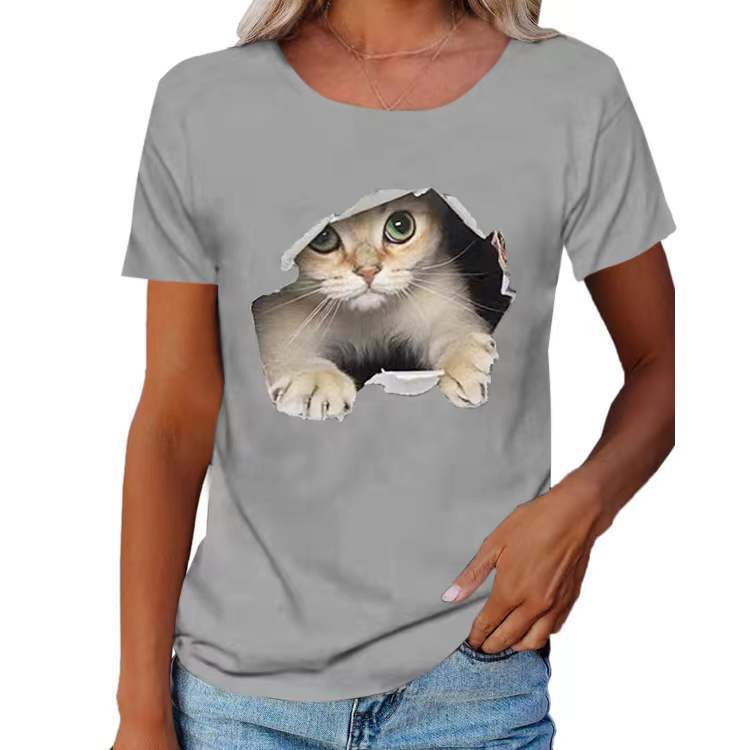 Women's Ripped Cat Round Neck Stylish Loose Blouses