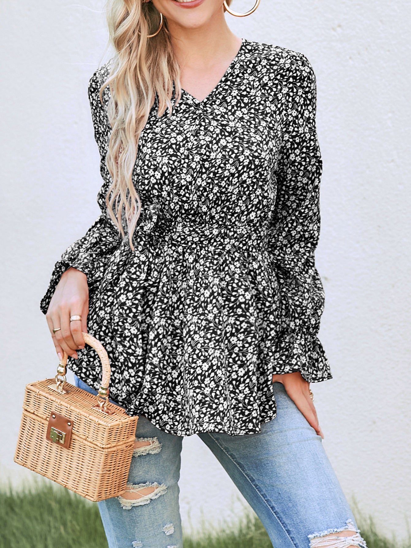 Autumn Fashion Printed Lace Up Long Blouses